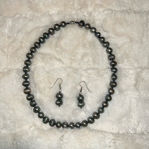 Handmade Tahitian fresh water pearl necklace and earrings.